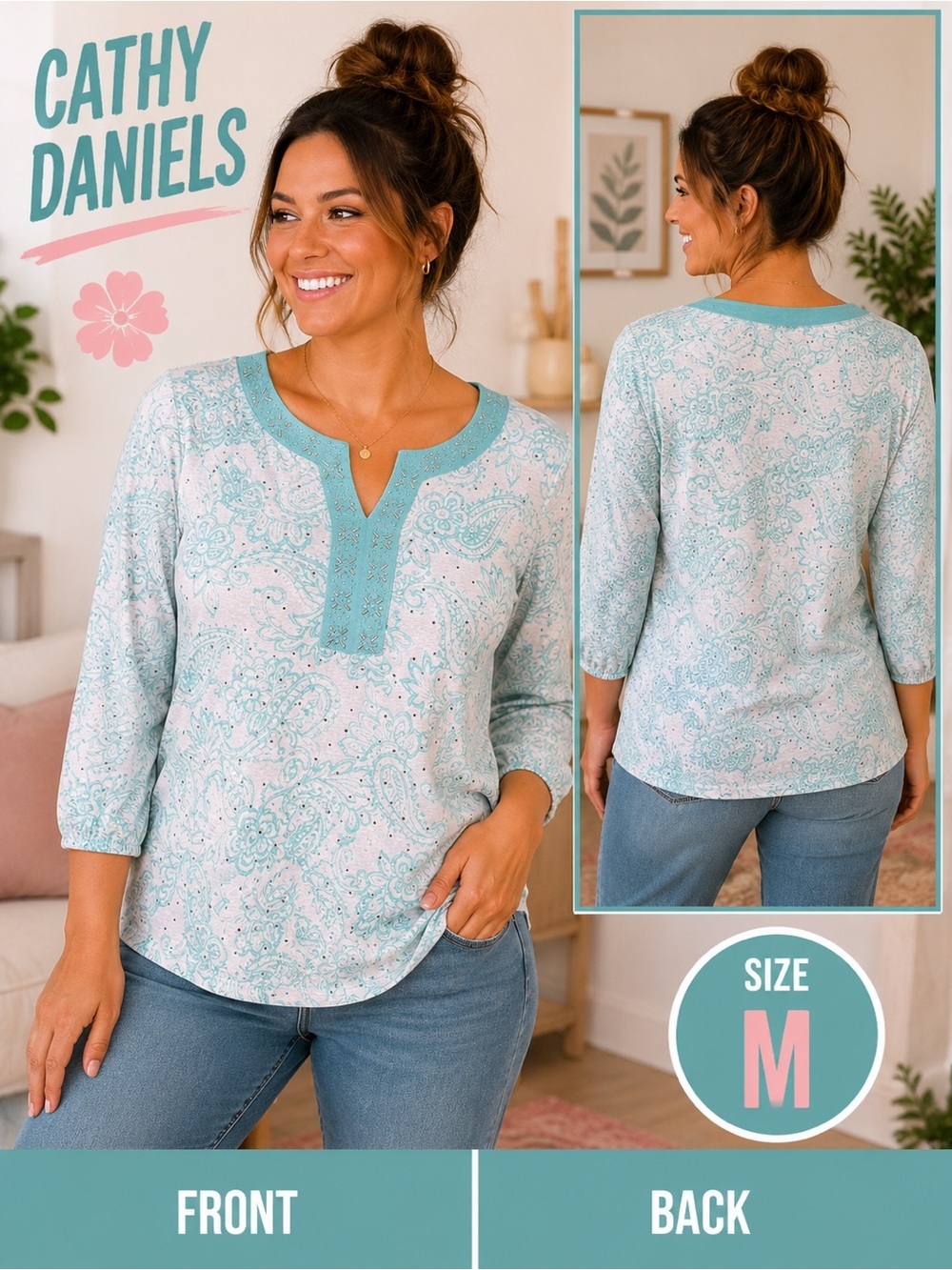 Cathy Daniels Mint Paisley Split-Neck Tunic Top MEDIUM